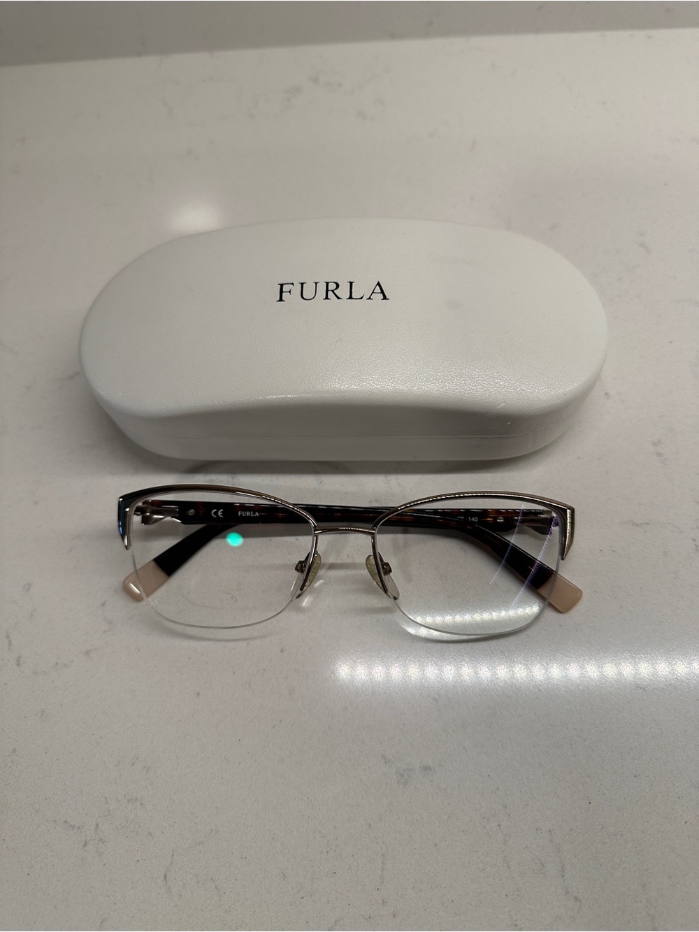NWOT Furla Semi-Rimless Cat Eye Optical Glasses in Tortoiseshell and Gold w/Gems